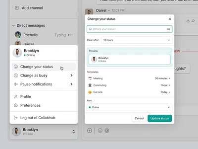 Profile status: Collaborative Communication Platform Saas Webapp app design chat collaboration dashboard discord message modal platform popup preferences product design profile saas settings slack status threads uiux webapp window