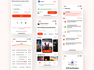 Noonton - Movie Ticket Booking App UI Kit app booking cinema clean film inspiration mobile app movie notification sign in ticket ui ui design ui kit uiux verification