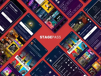 STAGEPASS | Event Booking | App UI app design app ui artist book my show booking app branding dark theme event event booking app figma freelance hire logo mobile ui mockup modern show show booking app ticket ui