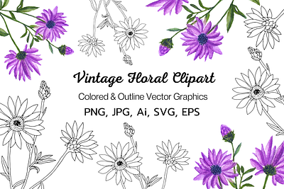 Vintage Floral Clipart botanical line art clipart coloring page design floral illustration