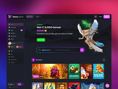 Game.Planet – Online gaming platform ai ai in bet artificial intelligence bet branding case study dark design esport gambling igaming online game promp ui ux website