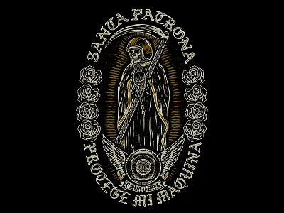 SANTA PATRONA art design illustration mexico motorcycle santamuerte skull traditional vintage virgin wingedtire