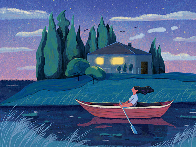 Boating at night boat boating character dream girl home house illustration lake landscape life night pond sweet tree water woman