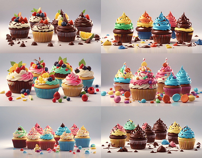 Whimsical Delights: Colorful Cupcake Sets 3d 3d art ai art baking cake cakes candies candy cgi chocolate colorful cupcake cupcakes dessert food fruit fruits muffin rainbow sweets