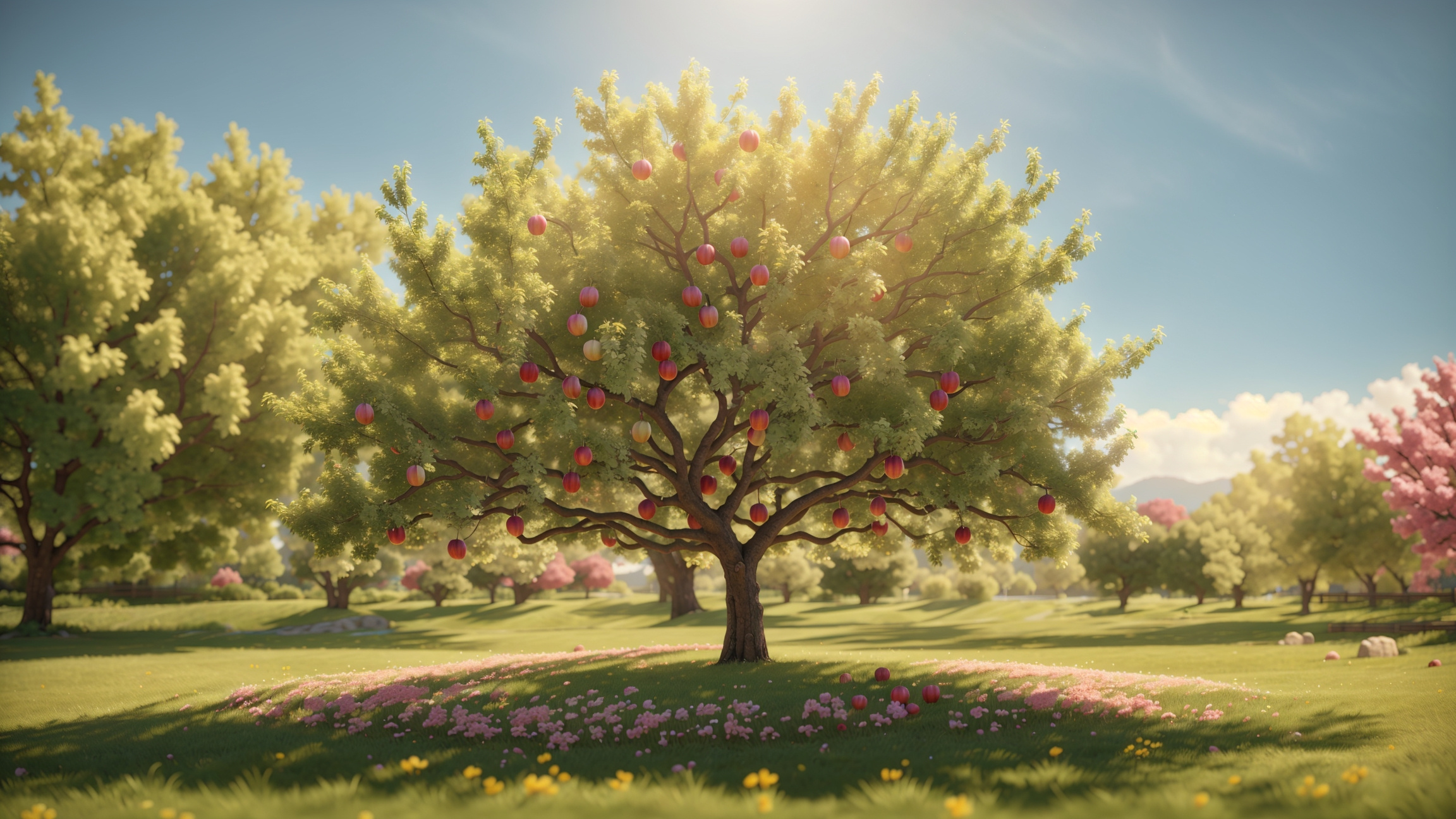 Breathtaking Enchanting Apple Trees 3d 3d art ai art apple apple tree apples cgi colorful enchanting environment flowers food fruit fruit tree fruits illustration nature organic spring trees