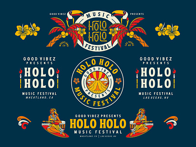 Holo Holo Fest - Merch Lockup apparel badge badge design bird branding design fest flower geometric hawaii hawaiian illustration lineart lockup logo merch merchandise monoline music surf