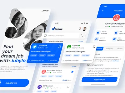 Jubylo - Job Finder App UI design designproject figma graphic design jobfinder jobs jobseeker mobileapp productdesign ui uidesign uidesigner uiux userexperience userinterface ux