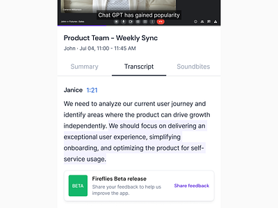 Beta Banner - Collect Feedback ai ai summary app banner design feedback fireflies growth meeting meeting video mobile mobile app record meeting transcript ui user ux video