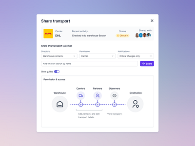 Share Transport Modal 🚚 berlin booking component documentation fleet guides help logistics management onboarding oslo product design saas share supply chain toggle transport ui ux warehouse