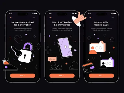 SendingMe - Onboarding for decentralized encrypted messenger app design application design blockchain design illustration messenger minimal mobile app nft onboarding ui user experience ux