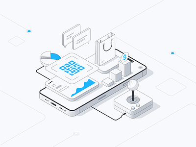 Superchat - Isometric Illustrations bubble coins door game graphic hands illustration iphone isometric line linear lines messanger phone qr shop space technology user