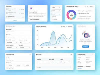 Affiliate Marketing, Web App Components admin panel affiliate affiliate marketing cards cards ui component library components dashboard dashboard components design system elements graphs interface marketing minimal navigation ui design ui kit web app widgets