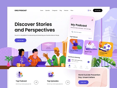 Listen to your favorite podcast: Landing Page 🎙 custom desktop download football fun header health illustration landing page listen mental mic mobile orely people podcast sports studio ui design website