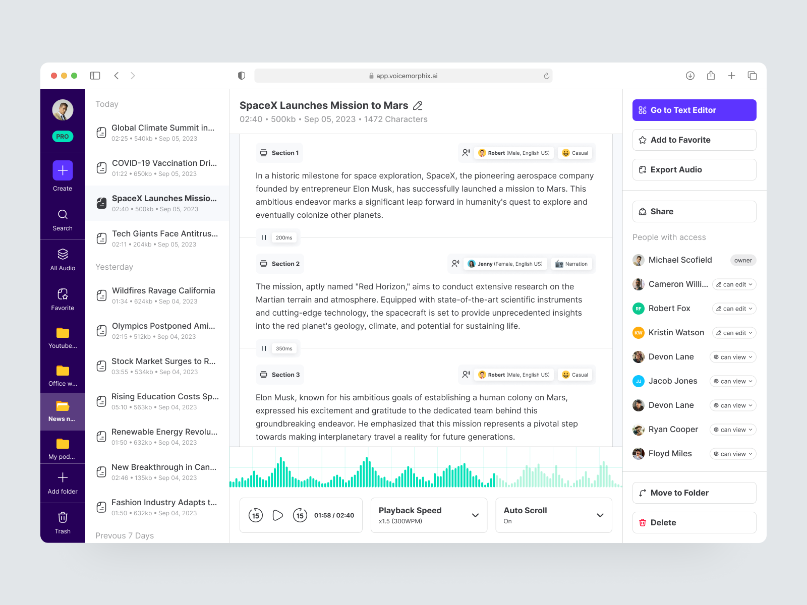 VoiceMorphix | Text-to-Speech | Dashboard/Audio Preview admin b2b b2c dashboard data drive editing editor folder management music notes product design saas text to speech voice voice over web app