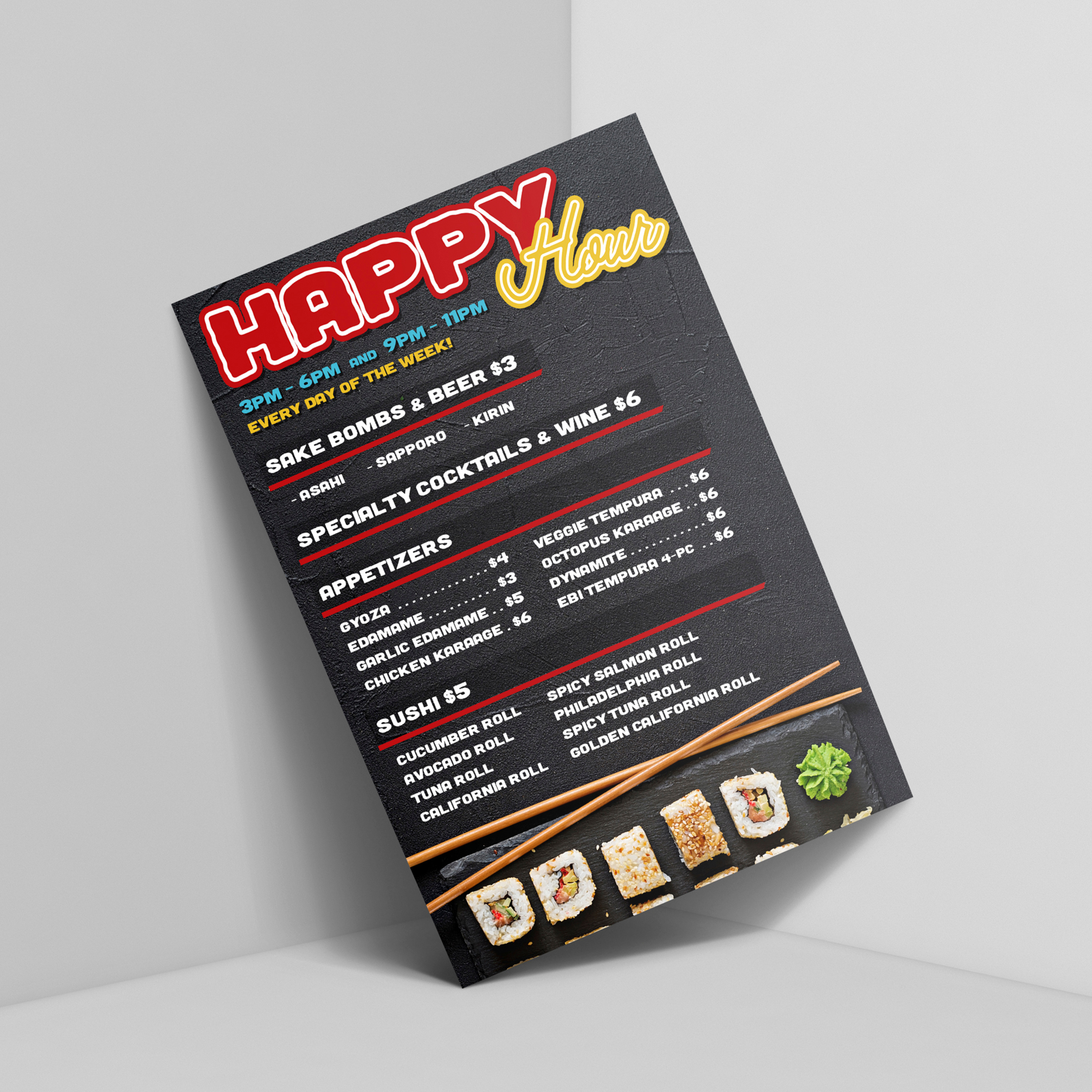 Happy Hour Sushi Menu Design advertisement branding brochure flyer flyer design food graphic design happy hour japanese menu menu design postcard print print design restaurant sushi