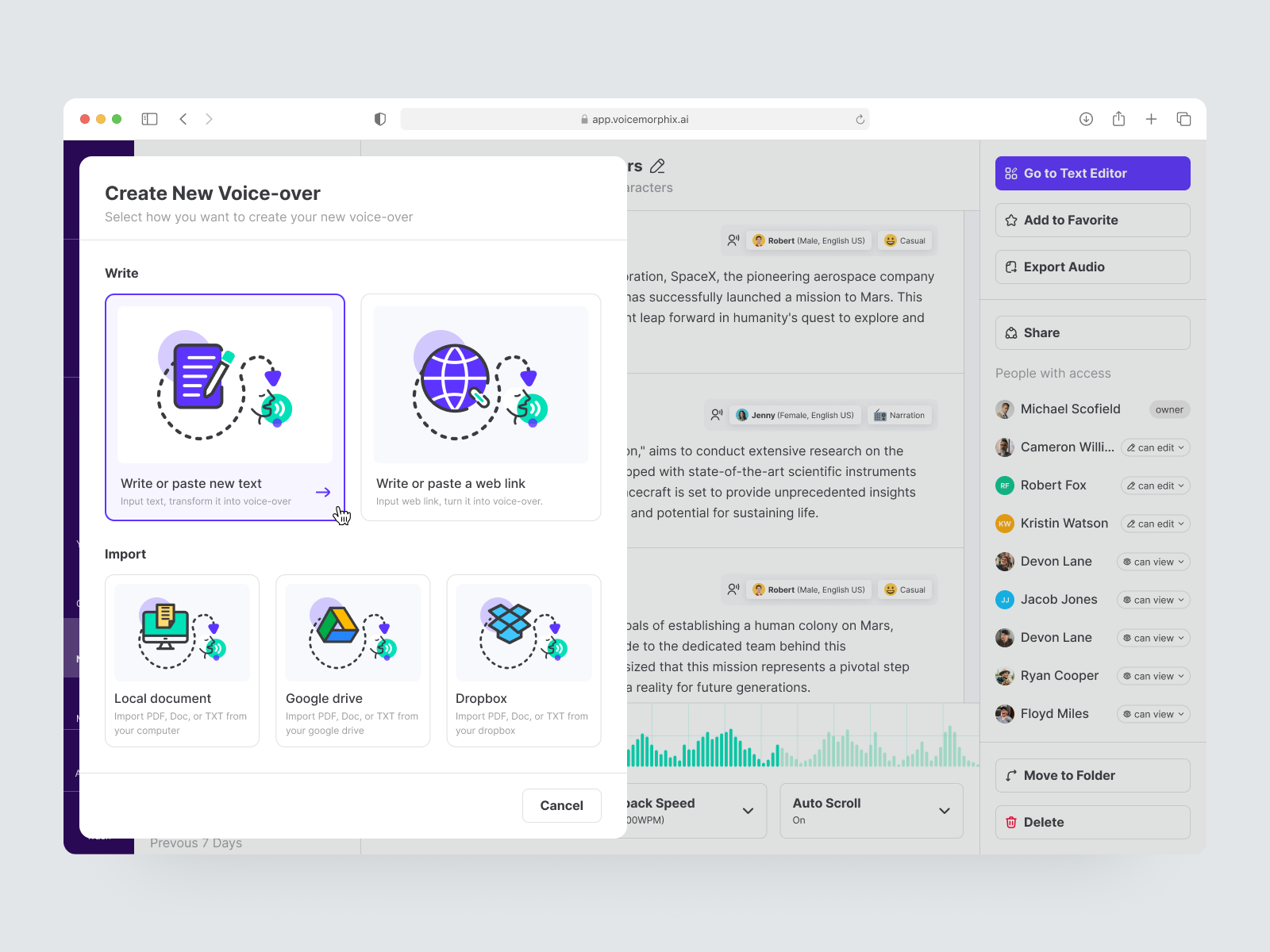 VoiceMorphix | Text-to-Speech | Create New Project admin b2b b2c dashboard data desktop editing editor folder management notes pop up product design saas text to speech voice voice over web app