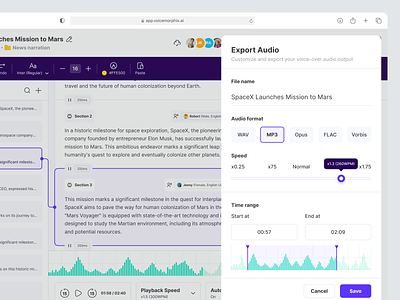 VoiceMorphix | Text-to-Speech | Export Audio admin audio b2b b2c dashboard data desktop editing editor export folder management notes pop up product design saas text to speech voice web app