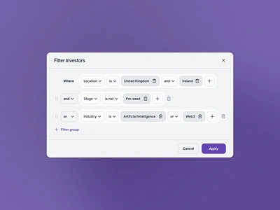 Logic filters advanced filters and or and or filters button dropdown filter filter groups filters input investors logic filters logical operators product design select ui ux