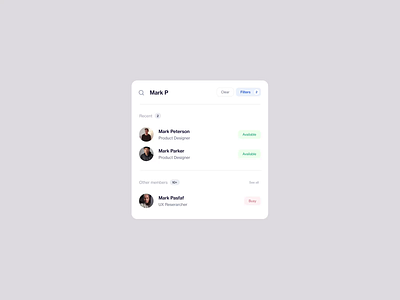 Search component blue clean component design employees filter members project search ui ux white