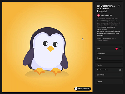 I'm watching you like a h̶a̶w̶k̶ Penguin! animation character animation constraints cute illustrations design design mode eye movement illustration interaction design interactive design motion graphics pointer movement real time interactivity rive state machine states tracking ui uiux ux design