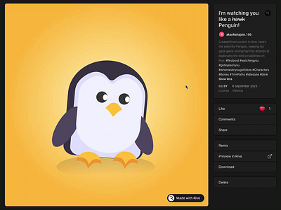 I'm watching you like a h̶a̶w̶k̶ Penguin! animation animation mode character animation constraints cute illustrations design design mode eye movement illustration interaction design interactive design motion graphics pointer movement real time interactivity state machine states tracking ui uiux ux design