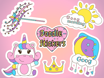 Doodle Stickers with unicorn art crown design designer doodle doodle art for girl for kids graphic design hart illustration moon pink set set stickers stars stickers sun unicor vector illustrated