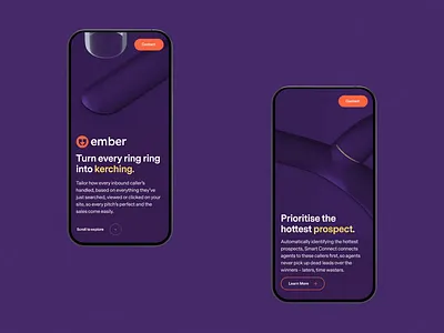 Ember – Visualising call tracking in 3D 3d 3d animation animation ball clean experience glow homepage mobile orange purple responsive sans serif ui video web web design website