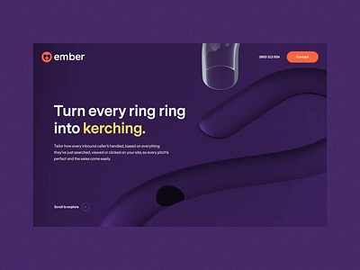 Ember – Visualising call tracking in 3D 3d 3d website animated 3d animation ball branding clean desktop glow minimal orange purple ui ux web web design