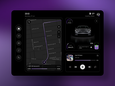 Car Dashboard app car cardashboard dark darkmode darktheme dashboard design electriccar gps map maps navigation ui uidesign uiux ux website