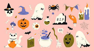 Concept design on the theme "Halloween" adobe illustrator character cute decoration design flat graphic design grost halloween illustration pumpkin set sticker vector