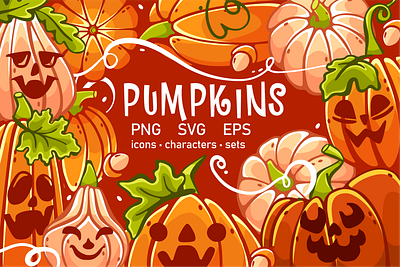Creepy Cartoon Pumpkins Clipart Set autumn brand branding canva character clip art emotions flat food halloween harvest icons illustration october personage plant scary stiickers thanksgiving vector