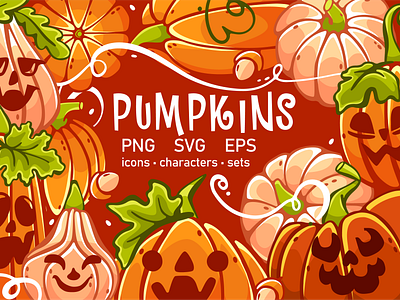 Creepy Cartoon Pumpkins Clipart Set autumn brand branding canva character clip art emotions flat food halloween harvest icons illustration october personage plant scary stiickers thanksgiving vector