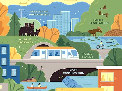 Nature and Infrastructure animals drawing editorial illustration forest illustration infographics magazine illustration moose national parks nature wildlife