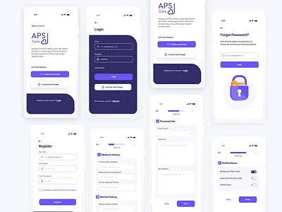 APS Care login and Registration flow comingsoon graphic design illustration medical app design typography ui uidesign ux uxdesign vector