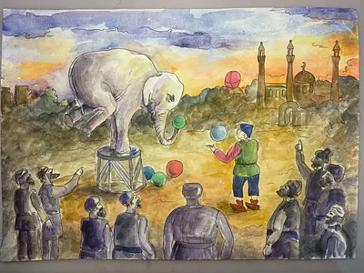 Цирк в восточной стране. Смешанная техника illustration