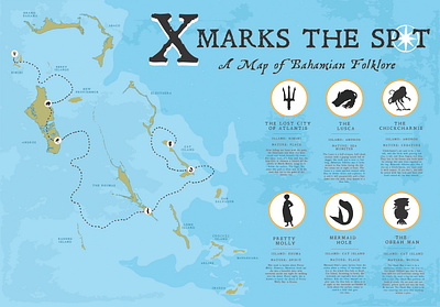 X Marks The Spot: A Map of Bahamian Folklore Infographic Poster bahamian designer bahamian folklore bahamian map caribbean caribbean folklore design folklore graphic design history illustration infographic islands map poster the bahamas the bahamas map