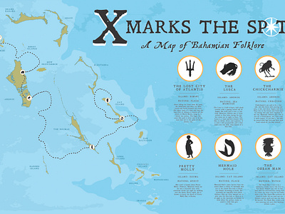 X Marks The Spot: A Map of Bahamian Folklore Infographic Poster bahamian designer bahamian folklore bahamian map caribbean caribbean folklore design folklore graphic design history illustration infographic islands map poster the bahamas the bahamas map