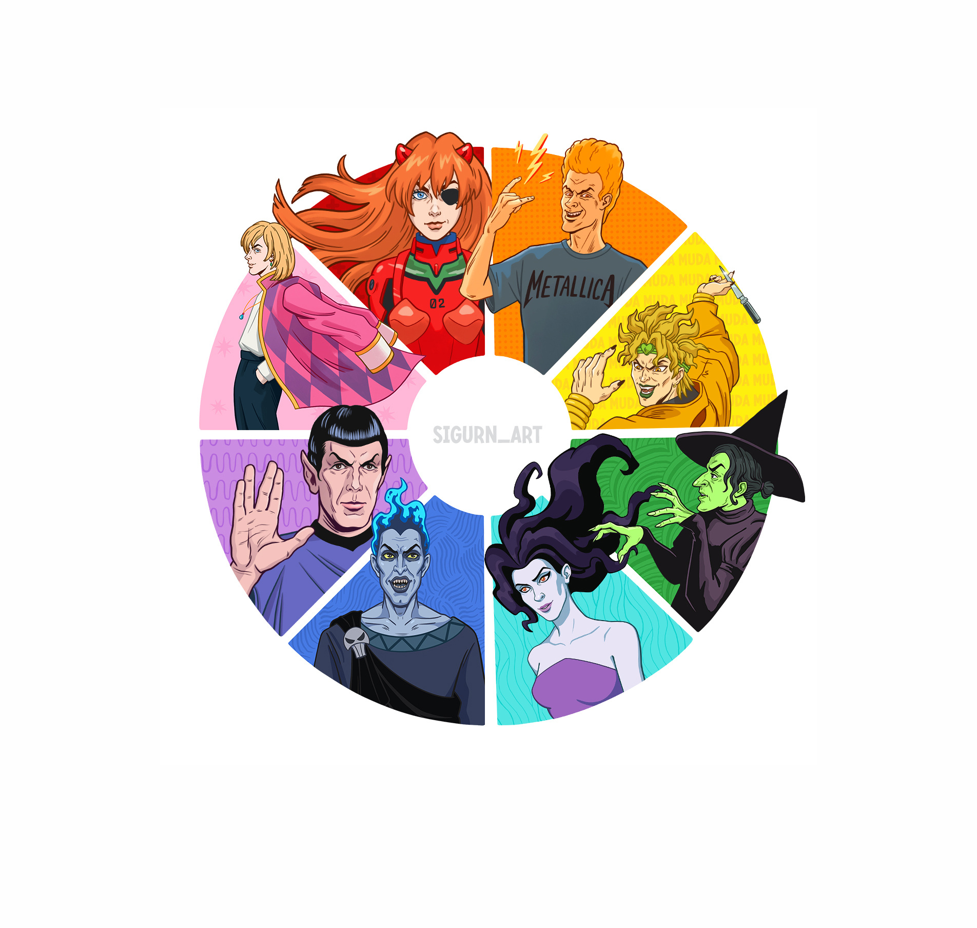 Color Wheel Challenge asuka beavis character colorwheel colorwheelchallenge dio eris hades howl illustration portrait spock witch