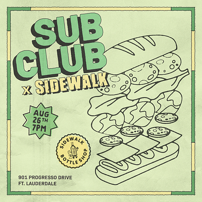 SUB CLUB X SIDEWALK BOTTLESHOP flyer flyer design illustrator miami pop up flyer procreate