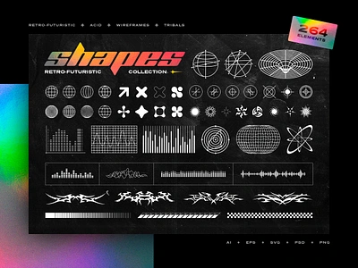 Retro-Futuristic Shapes Collection download elements futuristic graphics illustration pixelbuddha png shapes sticker tattoo transparent tribal vector vibe wireframe y2k