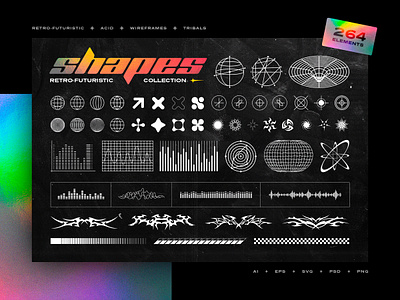 Retro-Futuristic Shapes Collection download elements futuristic graphics illustration pixelbuddha png shapes sticker tattoo transparent tribal vector vibe wireframe y2k