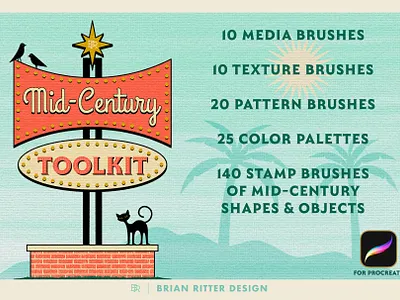 Mid-Century Retro Toolkit for Procreate 1950s 1960s 1970s atomic age design drawing googie graphic design illustration mid century patterns procreate procreate art procreate brushes retro space age stamp brushes textures vintage