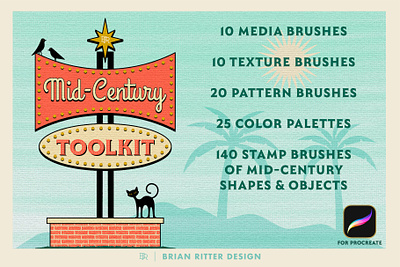 Mid-Century Retro Toolkit for Procreate 1950s 1960s 1970s atomic age design drawing googie graphic design illustration mid century patterns procreate procreate art procreate brushes retro space age stamp brushes textures vintage