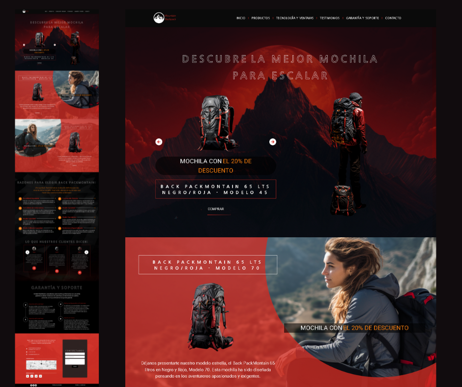 LANDING PAGE BACK PACK MONTAIN design diseño web elementor elementor pro figma iu paginas web ux webdesing woocommerce wordpress