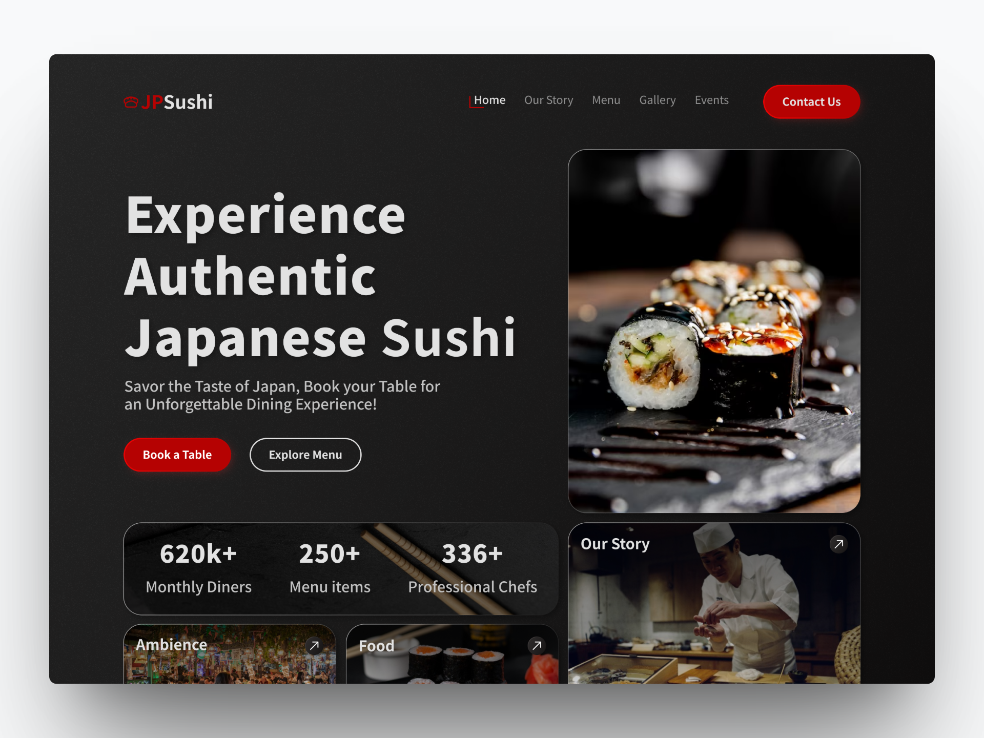 JPSushi : Bento Style Hero Section for a Landing Page bento concept culinary dark mode design figma hero section landing page restaurant style sushi ui design uiux web design website design