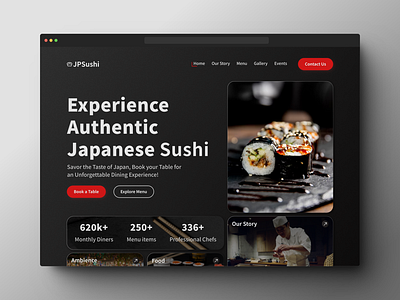 JPSushi : Bento Style Hero Section for a Landing Page bento concept culinary dark mode design figma hero section landing page restaurant style sushi ui design uiux web design website design