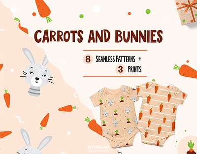 Carrots and Bunnies. Seamless Patterns Collection. bunnies carrots children first project graphic design illustration kids pattern textile design vector vector art