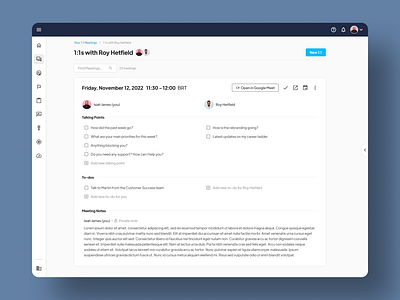 1:1 Meetings Web App 1:1s 1on1 conversation direct reports hr human resources leader meetings performance management personal development plan qulture.rocks saas small improvements ui web design webapp webpage weekly