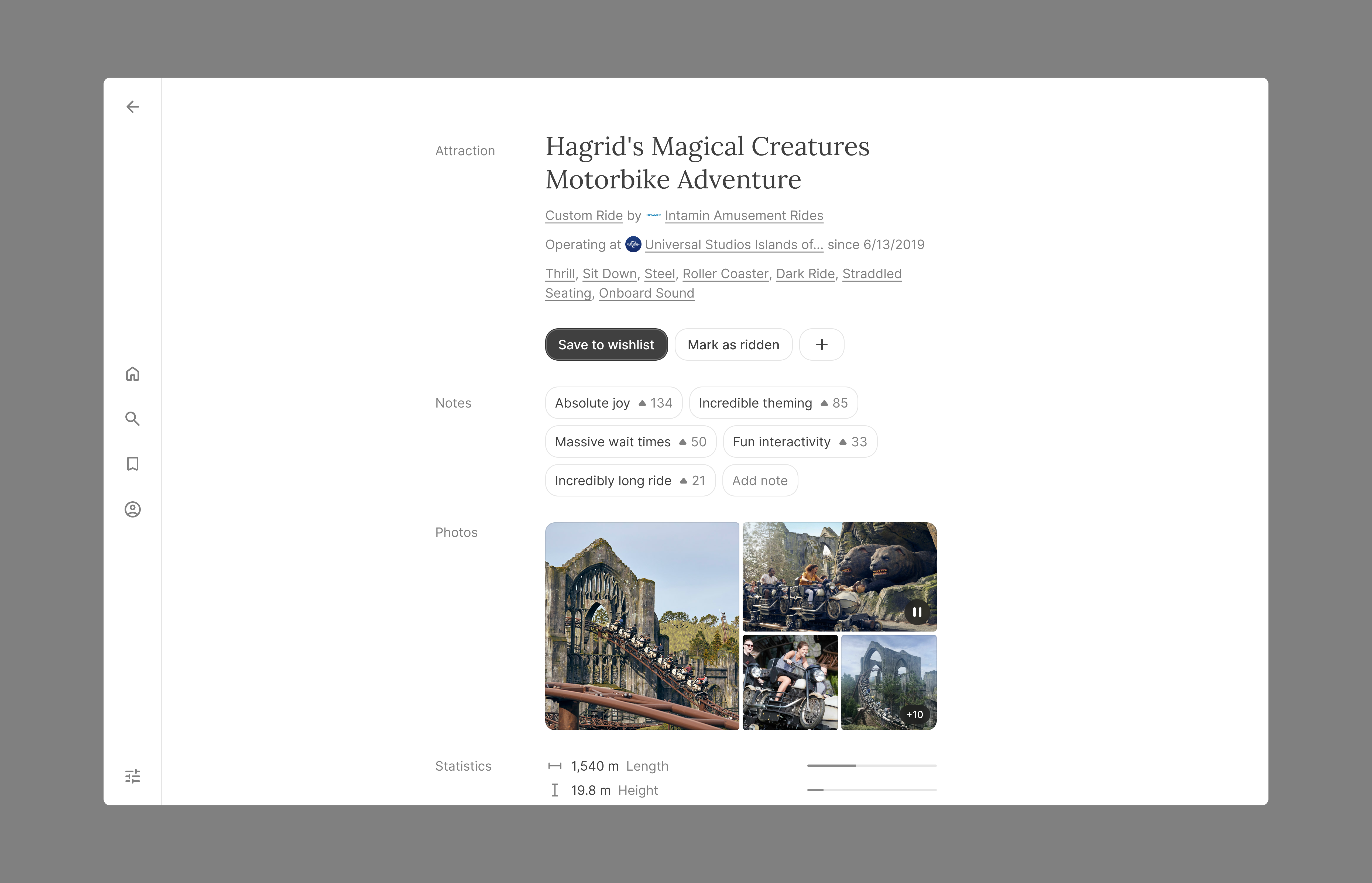 Roller Coaster Web App clean inter minimal navigation rail product detail read.cv roller coaster theme park typography ui web app