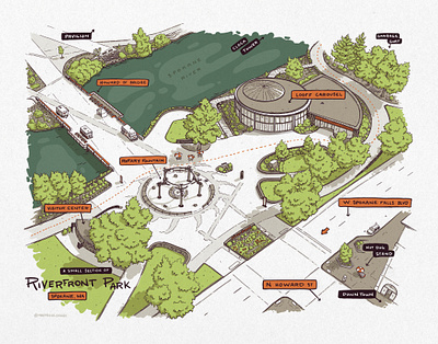 Riverfront Park Part 2 city design downtown food truck fountain illustration maps park riverfront spokane trees urban sketch washington